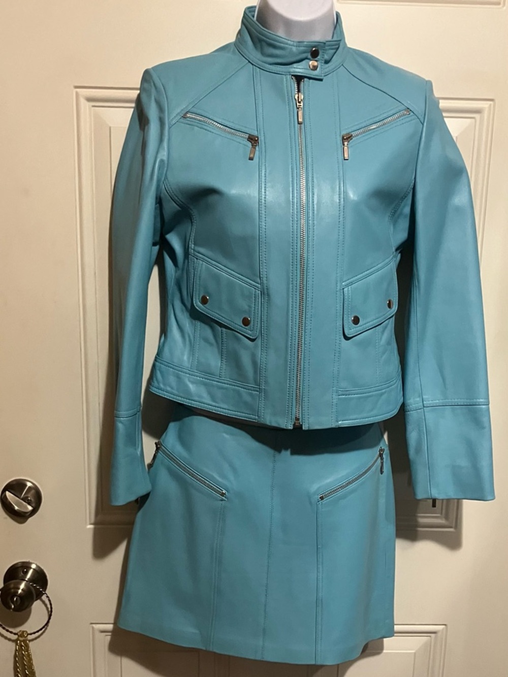 Retro Look 1968- Cache Turquoise Leather Jacket and Skirt Set Never Worn